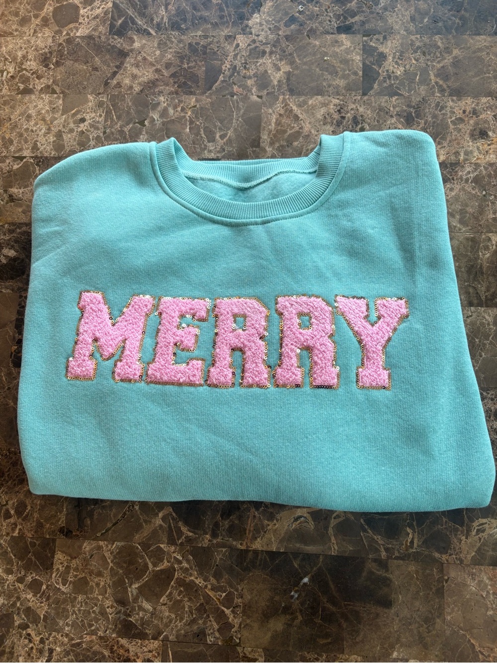 Merry Chenille Patch Sweatshirt - Mint with Pink Lettering